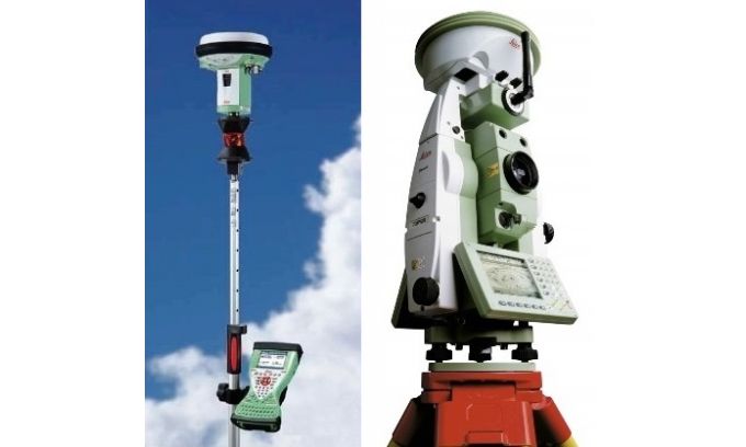 Pole equipped with external controller, prism and GNSS (left) and GNSS antenna on top of total station. (Courtesy: Leica Geosystems)